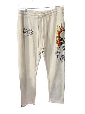 Ed Hardy Ivory Skull Flame Graphic Sweatpants Sz XL